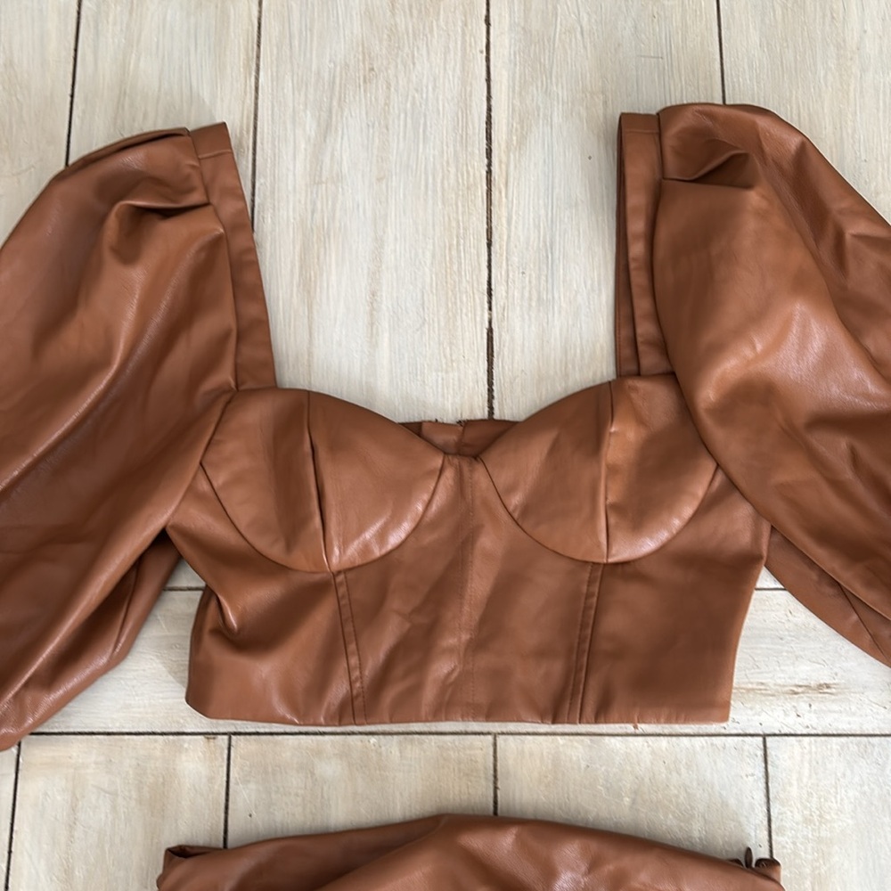 MAJORELLE Revolve Faux Leather Camel Brown Skirt & Crop Top Set Small - Picture 3 of 12